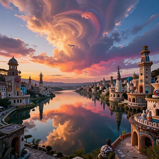 Photograph of a vibrant sunset over a reflective river, with whimsical, ornate buildings and swirling, colorful clouds in the sky.