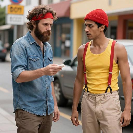 Two Men Engaging on a Vibrant Street