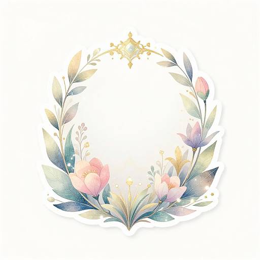 Watercolor floral wreath with pastel pink and blue flowers, green leaves, and a glowing golden center, forming a circular frame.