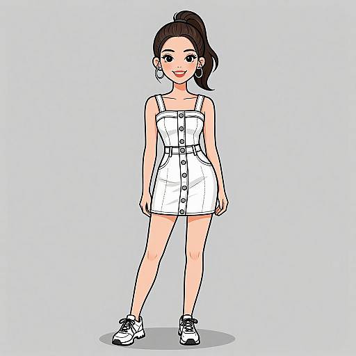 Digital cartoon of a smiling young woman with fair skin, dark ponytail, wearing a white button-up dress, earrings, and white sneakers.