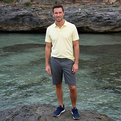 Photograph of a smiling, fit man with short brown hair, wearing a yellow polo shirt, gray shorts, and blue sneakers, standing on a rocky