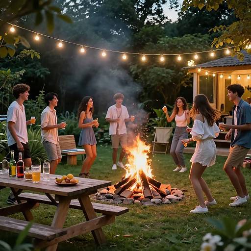 Photograph of six young adults in casual summer clothes, standing around a campfire in a backyard at dusk, drinking and laughing under string lights.