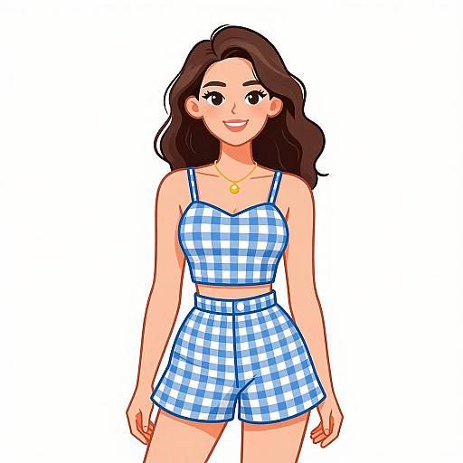 Smiling Woman in Blue Gingham Set