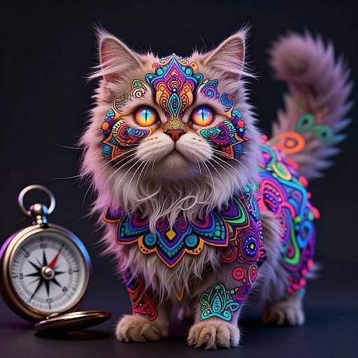Photorealistic digital artwork of a fluffy, long-haired cat adorned with vibrant, colorful, intricate mandala patterns, standing beside a silver pocket watch against