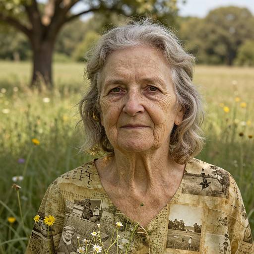 Photograph of an elderly woman with gray, wavy hair, wearing a patterned blouse, standing in a sunlit meadow with wildflowers and