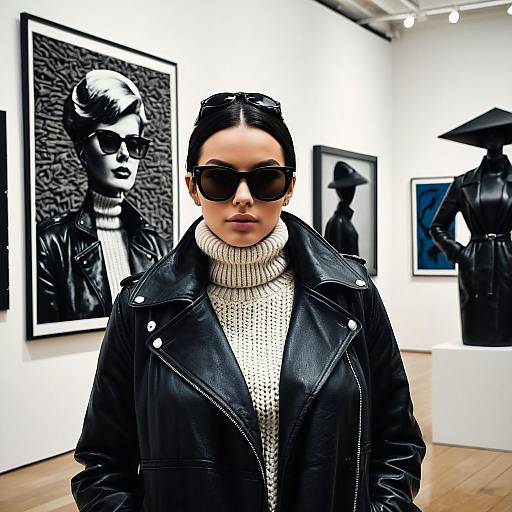 Confident Woman in Leather Jacket at Art Gallery