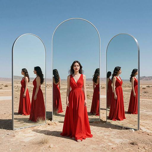 Photograph of a woman with long black hair in a red, V-neck, floor-length dress, standing in a desert, surrounded by three arched