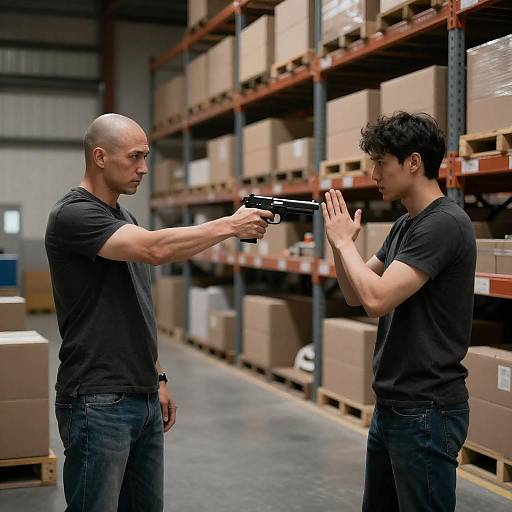 Warehouse Standoff: Tense Gunpoint Confrontation