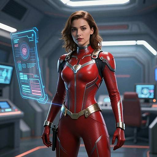 Photorealistic CGI of a brunette woman in a shiny red, form-fitting Iron Man suit standing in a futuristic, high-tech room. Blue holog