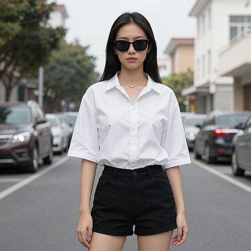Photograph of an Asian woman with long black hair, wearing black sunglasses, white button-up shirt, and black high-waisted shorts, standing on
