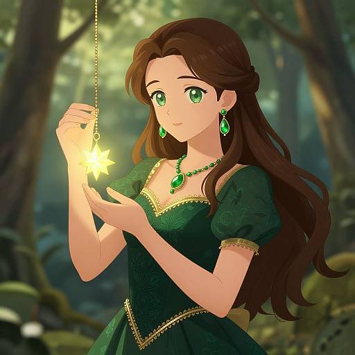 Anime Woman with Glowing Star Pendant