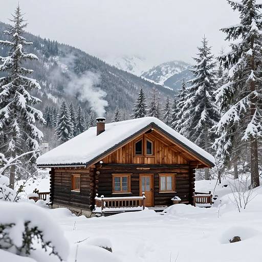 Photograph of a rustic wooden cabin with snow-covered roof, surrounded by snow-laden evergreen trees, and misty mountainous background. Smoke curls