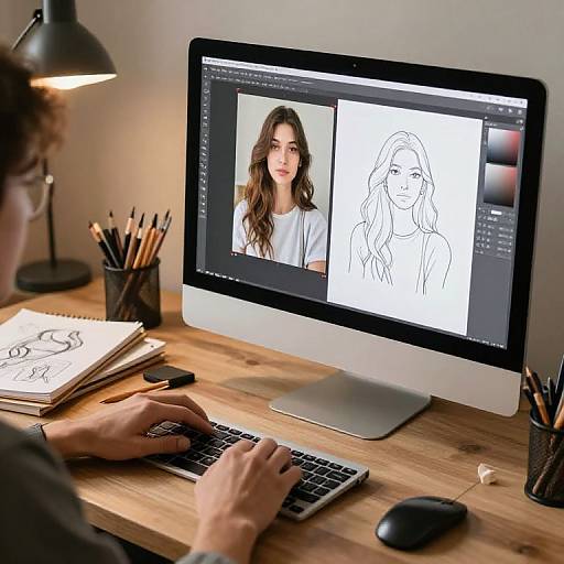 Photograph of a person drawing a line-art portrait of a woman on a computer screen, surrounded by pencils and a lamp.