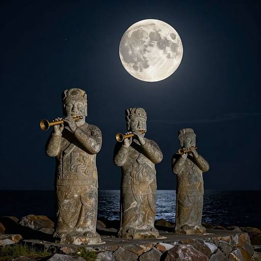 Stone Statues Playing Flutes by Moonlit Sea