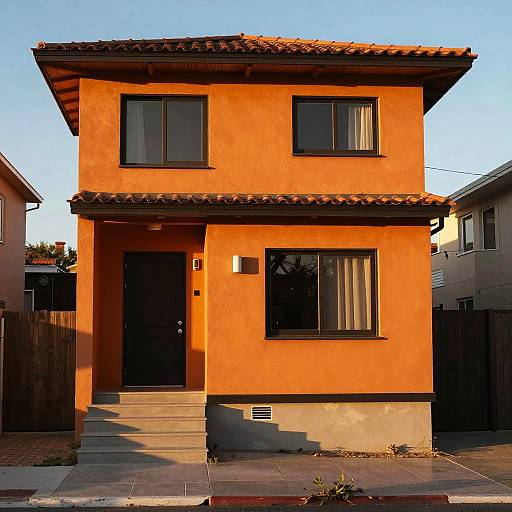 Photograph of a vibrant orange two-story house with dark brown trim, black windows, and a tiled roof, bathed in golden sunset light.