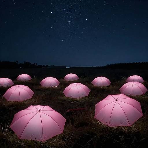 Photograph of pink glowing umbrellas scattered in a dark grassy field under a starry night sky, creating a magical, ethereal scene.