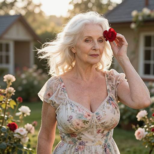 Photograph of an elderly white woman with blonde hair, holding a red rose, wearing a floral dress, in a sunlit garden.