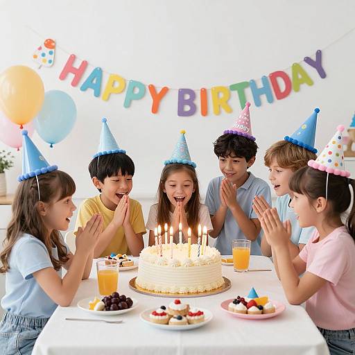 Photograph of six children, four girls and two boys, celebrating a birthday with a candle-lit cake, colorful 