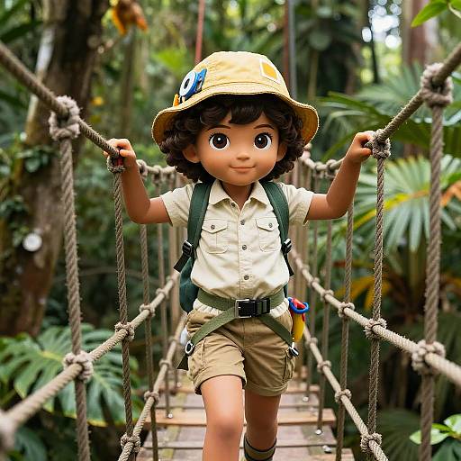 CGI image of a cute, brown-skinned boy scout with curly black hair, wearing a khaki hat and uniform, crossing a rope bridge in
