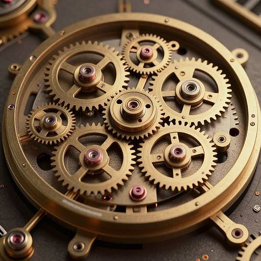 Close-up photograph of intricate brass gears and cogs with purple-colored screw heads, set against a dark, textured background.