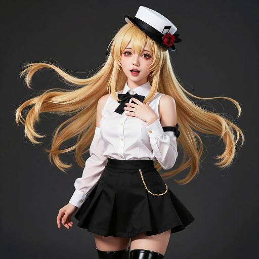 Blonde Anime Idol in Black and White Outfit