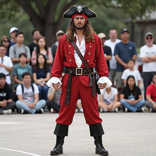 Photograph of a long-haired man in a red pirate costume with black boots and tricorn hat, standing on a street with a diverse crowd in the