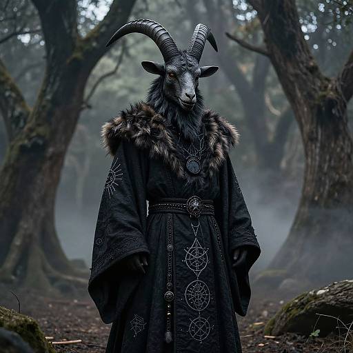 Photograph of a dark, horned goat-man in a black, fur-trimmed robe with circular patterns, standing in a misty, forest