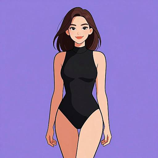 Digital anime-style drawing of a smiling woman with fair skin, brown hair, and black high-neck swimsuit, standing against a solid blue background.