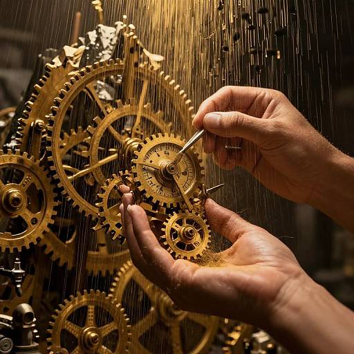Photograph of a skilled hand adjusting intricate gold gears with a small screwdriver, illuminated by focused light, against a dark background.