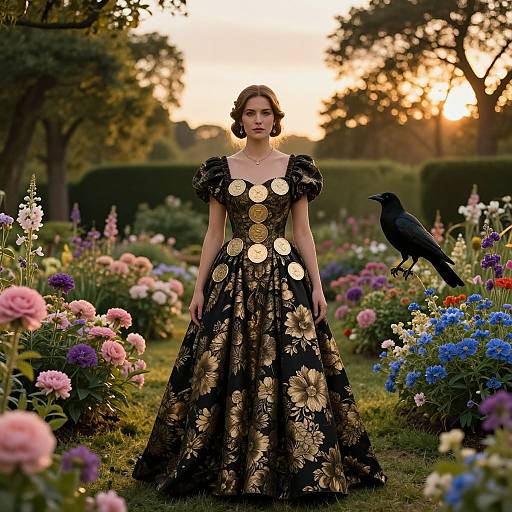 Regal Woman in Black and Gold Dress in Garden