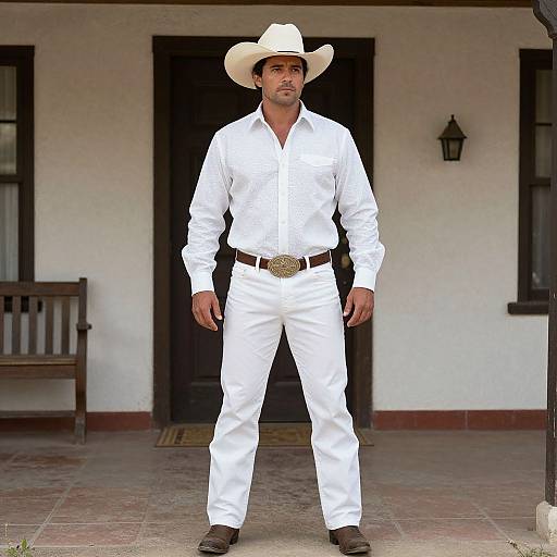 Photograph of a man in a white cowboy outfit, including a white hat, shirt, and pants, standing on a tiled porch.
