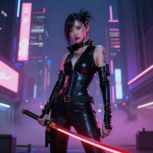 Fierce Cyberpunk Warrior in Neon Lights