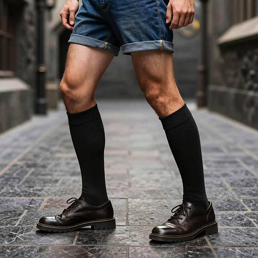 Photograph of a man's muscular legs in blue denim shorts, black knee-high socks, and brown leather shoes on a cobblestone street.