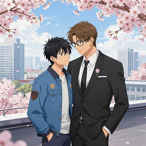 Anime-style digital illustration of two men standing under cherry blossom trees; one in a blue jacket, the other in a black suit. Urban skyline background.