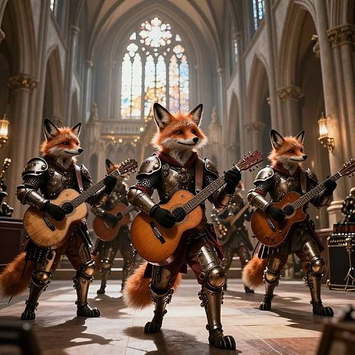 Digital art: Four anthropomorphic foxes in medieval armor play acoustic guitars in a grand Gothic cathedral, illuminated by stained glass.