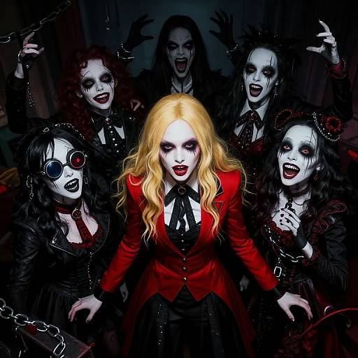 Digital artwork of five pale, zombie-like women with black makeup, red lipstick, and gothic attire, surrounding a blonde woman in a red blazer
