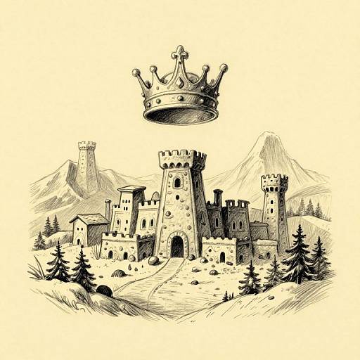 Black-and-white ink drawing of a medieval castle with tall towers, a floating crown, and pine trees in a mountainous landscape.