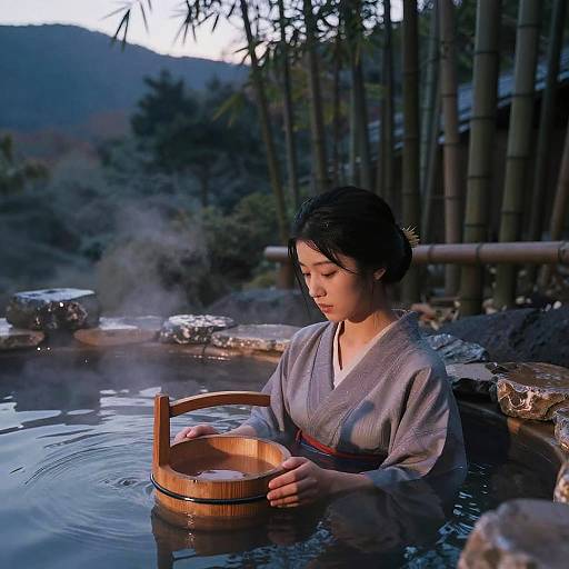 Photograph of a young Asian woman with wet black hair, wearing a gray kimono, sitting in a steaming hot spring, holding a wooden basket