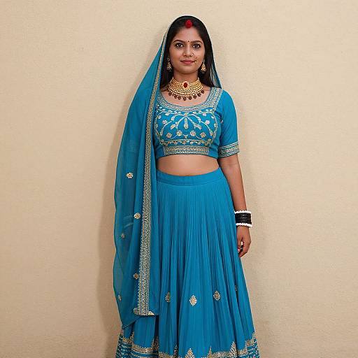 Photograph of a South Asian woman in a bright blue traditional outfit with gold embroidery, red bindi, gold jewelry, and a matching dupatta,