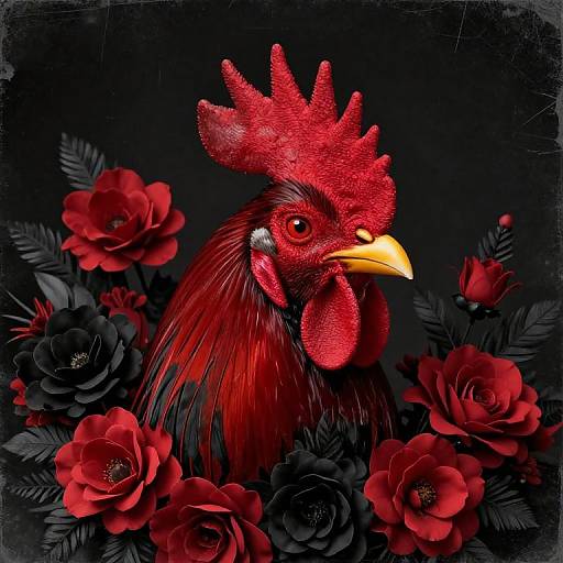 Digital art of a vivid red rooster with detailed feathers surrounded by red and black roses against a dark, textured background.