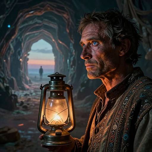 Photograph of a rugged, bearded man with blue eyes holding a glowing lantern in a dark, cave-like tunnel with a sunset and silhouette outside.