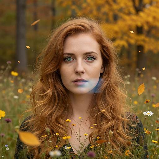 Photograph of a fair-skinned, red-haired woman with green eyes, standing in a vibrant autumn meadow filled with yellow and white wildflowers.
