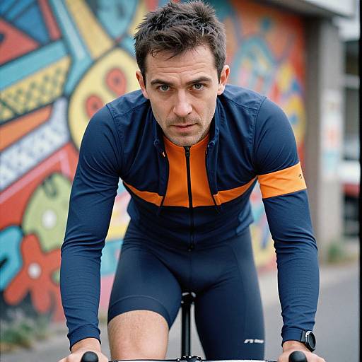Photograph of a determined, short-haired man in a black and orange cycling jersey and shorts, leaning forward on a bicycle against a colorful graffiti wall.