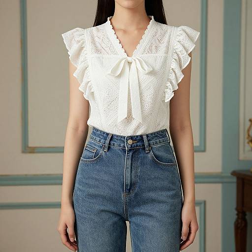 Photograph of an Asian woman with long black hair, wearing a white lace blouse with ruffled sleeves and high-waisted blue jeans, standing against