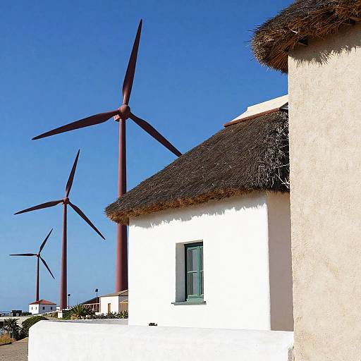 Sunny Coastal Scene with Wind Turbines
