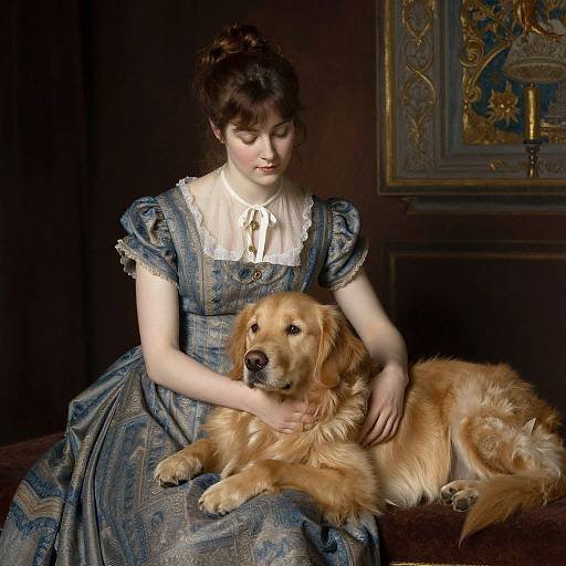 Photograph of a pale-skinned Victorian woman in blue patterned dress, white lace collar, and updo, gently petting a golden retriever