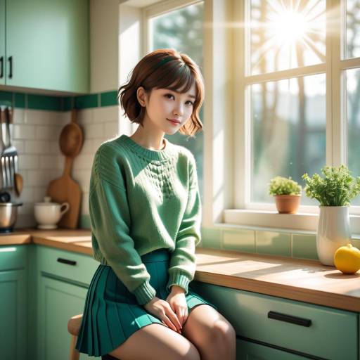 Young woman sitting in sunlit kitchen