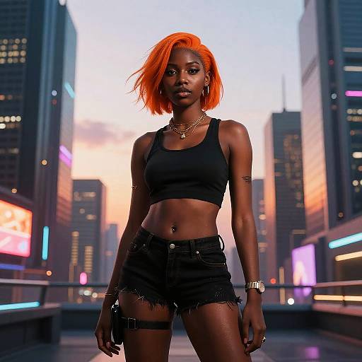 Confident Cyberpunk Woman at Sunset