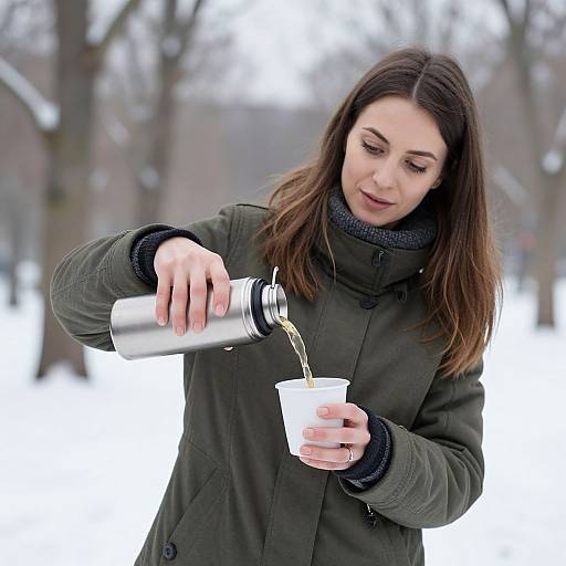 Photograph of a fair-skinned woman with brown hair, wearing a green winter coat, pouring hot coffee from a silver thermos into a white cup