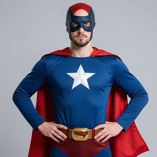 Photograph of a bearded man in a blue superhero costume with a white star, red cape, and gold belt, standing against a plain light gray